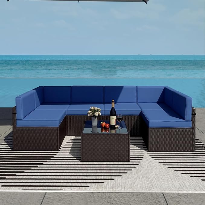 FIZZEEY 7 PCs Outdoor Patio Furniture PE Wicker Rattan Sectional Conversation Sofa Set, Dark Blue