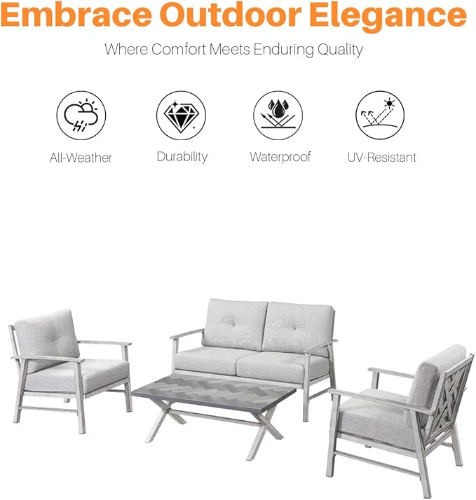 Aluminum Outdoor Patio Furniture Set, 4 Piece Patio Conversation Sets with Washable Thick Cushions, Weather-Resistant Outdoor Sectional Sofa Couch Sets for Poolside, Backyard, White Oak