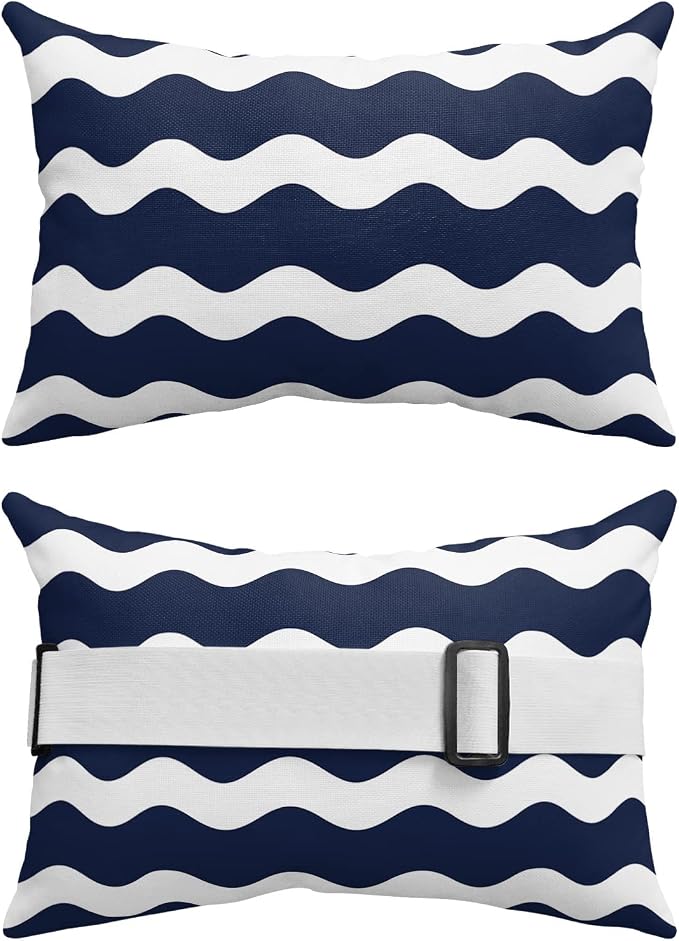 Outdoor Pillows Covers with Inserts Navy Blue Wavy Stripes Waterproof Recliner Pillow with Adjustable Strap Throw Pillows for Patio Furniture Pool Lounge Chair, 11x16 inch, 1PCS
