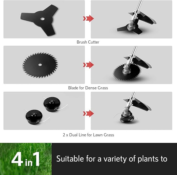 Weed Eater 58CC Weed Wacker 4-in-1 Gas Powered String Trimmer, Gas Brush Cutter with 4 Detachable Heads 18.5" Cutting Path Straight Shaft 2-Cycle for Brush(Green)