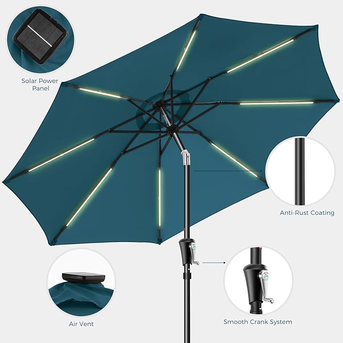 HOMSHADE 9ft Solar Patio Umbrella - Solar Lights LED Lighted UPF50+ UV Protection Umbrella, Outdoor Market Table Umbrella with Push Button Tilt, Crank for Pool Deck and Garden (Peacock Blue)