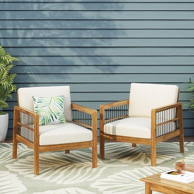 Merax Outdoor Patio Club Chairs,Set of 2,Acacia Wood Frame Conversation Set with Wicker for Porch Backyard,Classic Style