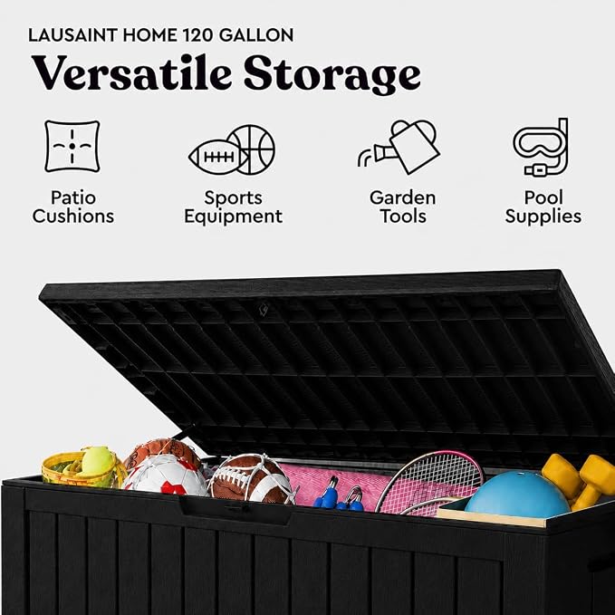 LAUSAINT HOME 120 Gallon Resin Deck Box, Package Delivery Box with Lockable Lid, Waterproof Outdoor Storage Box For Garden Tools, Patio Cushions(120 Gallon,Black)