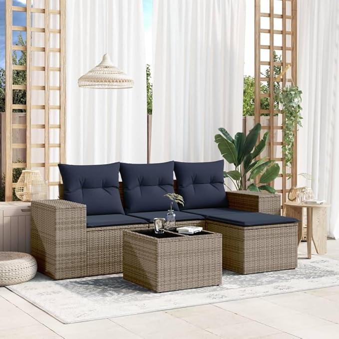 vidaXL Patio Sofa Set with Cushions 5 Piece, Outdoor Conversation Set, Sectional Sofa for Balcony Garden, Patio Furniture, Gray Poly Rattan