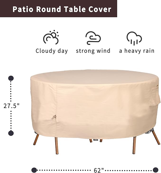 Round Patio Furniture Cover, Heavy Duty and Waterproof for Outdoor Furniture covers, Round outdoor table cover, Patio table cover 62"DIA x 27.5"H Beige