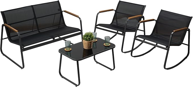 Kozyard 4-Piece Outdoor Patio Furniture Set with Textilene Chairs, Metal Conversation Set, Tempered Glass Coffee Table, Powder-Coated Steel Frame for Garden, Poolside, Backyard Black