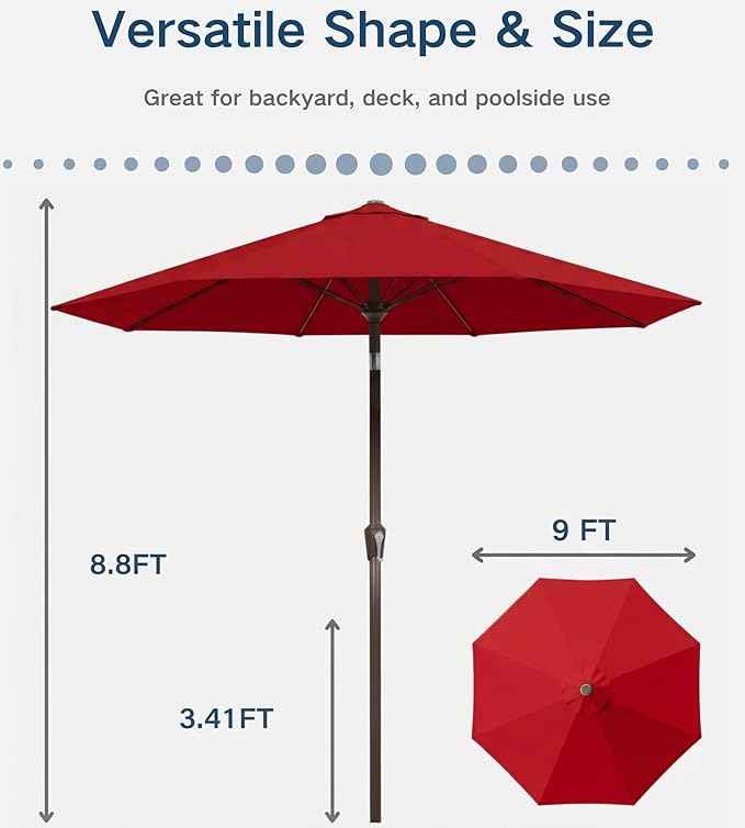 PatioKingdom Auto-Tilt 9FT Patio Umbrella Outdoor with 8 Sturdy Fiberglass Ribs,Market Table Umbrella for Pool,Backyard,Deck and Garden