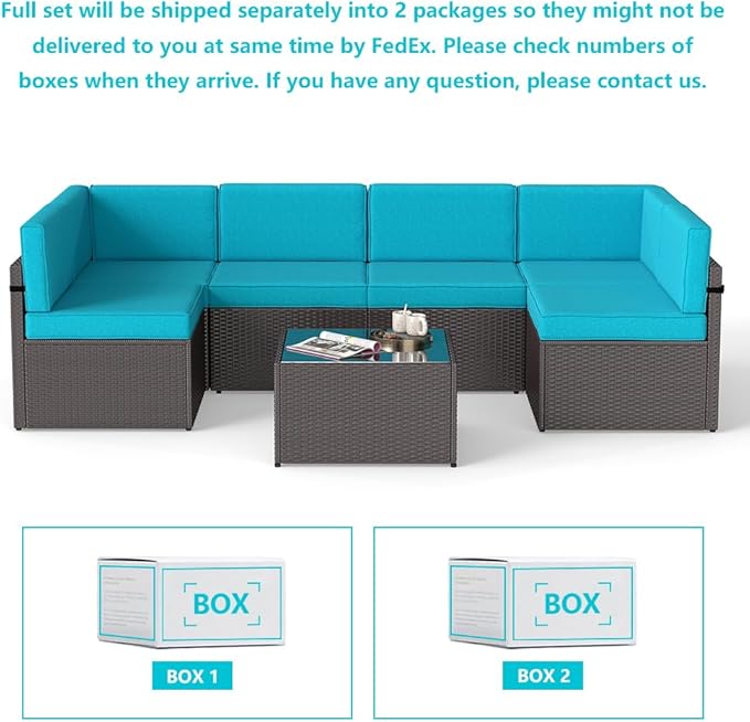 FIZZEEY 7 PCs Outdoor Patio Furniture PE Wicker Rattan Sectional Conversation Sofa Set, Turquoise