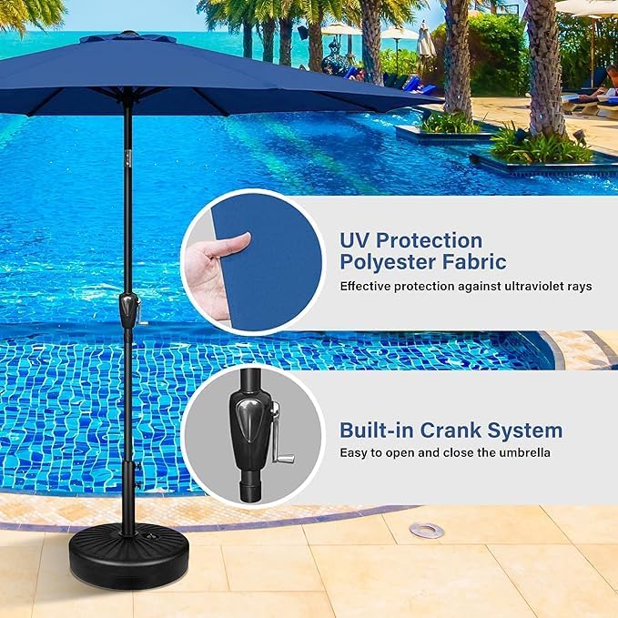 HealSmart 9FT Outdoor Patio Umbrella UV-Protection Table Umbrella with Push Button 8 Ribs Tilt/Crank Waterproof Market Umbrella for Garden, Backyard, Pool, Deck, Blue
