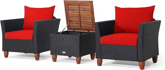 Tangkula 3 Piece Patio Furniture Set, Patiojoy Outdoor Wicker Rattan Bistro Sofa Set w/Washable Cushion, Acacia Wood Top Coffee Table, Conversation Set w/Adjustable Feet for Balcony Backyard Porch