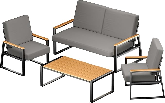 Gizoon 4-Piece Outdoor Patio Furniture Set with Coffee Table and Removable Cushions, Metal Patio Conversation Set for Family, Yard, Poolside (Gray)