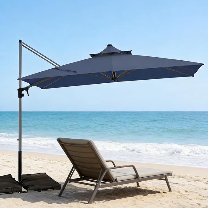 Patio Umbrella, Rectangle Outdoor Cantilever Umbrella, Aluminum Offset Umbrella with Champagne Frame for Pool Deck Garden Outdoor shade for Garden Deck Pool Patio, Beige(Weighted Base Not Include)