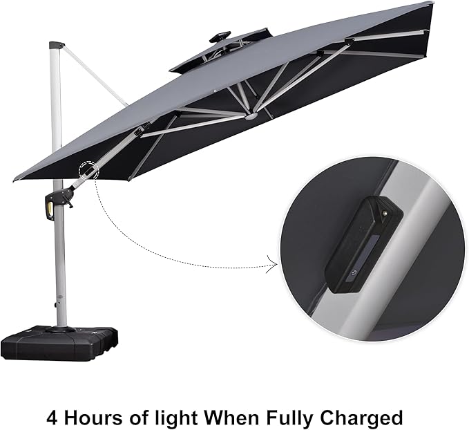 PURPLE LEAF 11 Feet Solar Powered LED Square Cantilever Umbrella With Base Patio Umbrella Windproof Outdoor Offset, Grey