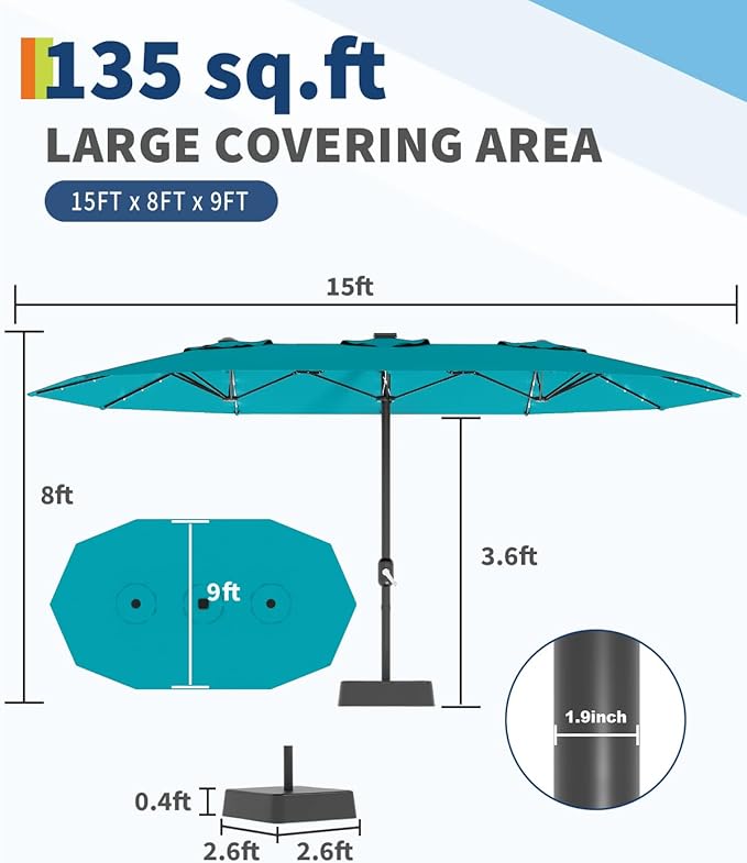 GarveeLife 15 ft Large Patio Umbrella with Lights, 36 LED Lights Double-sided Patio Umbrella with Weighted Base for Poolside Garden Backyard