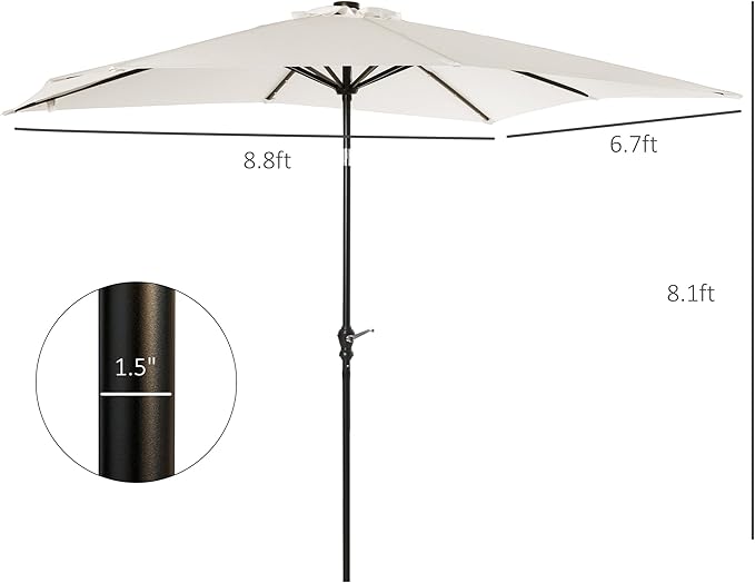 Outsunny 9' x 7' Solar Umbrella, LED Lighted Patio Umbrella for Table or Base with Tilt & Crank, Outdoor Umbrella for Garden, Deck, Backyard, Pool, Beach
