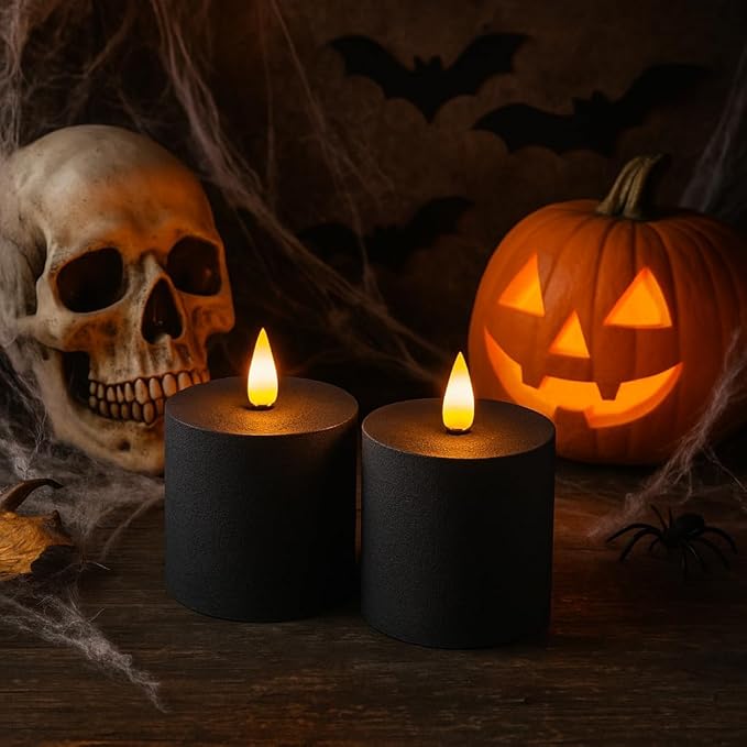 smtyle 3"x3" Black Flameless Flickering Candles with Remote Timer - Battery Operated Plastic Texture Pillar LED Candles Set of 2 for Gothic Home Decorations