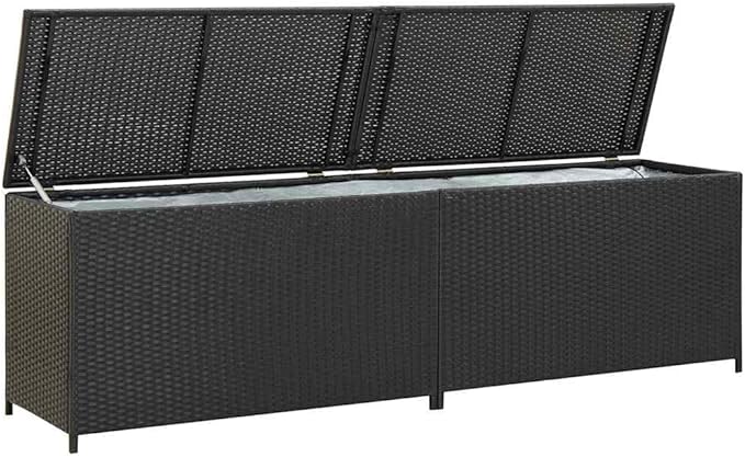 Black Poly Rattan Storage Chest with Gas Lift Lid, Powder Coated Steel Large Storage Box for Outdoor Garden Cushions and Patio Organization