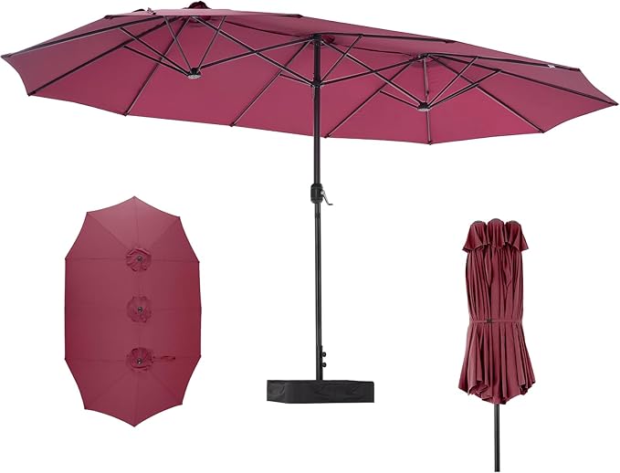 DUMOS 15FT Extra Large Patio Umbrella with Base Included, Rectangle Table Umbrella Outdoor Patio, 12 Sturdy Ribs Triple Head Canopy Outside Umbrellas for Deck, Backyard and Poolside,Garden, Red
