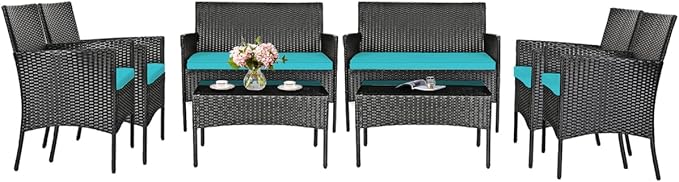 HAPPYGRILL 8-Piece Patio Furniture Set Rattan Wicker Conversation Set with Tempered Glass Top Table, Outdoor Wicker Sofa Set with Removable Cushions for Poolside Garden Backyard
