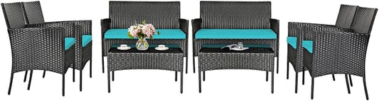 HAPPYGRILL 8-Piece Patio Furniture Set Rattan Wicker Conversation Set with Tempered Glass Top Table, Outdoor Wicker Sofa Set with Removable Cushions for Poolside Garden Backyard