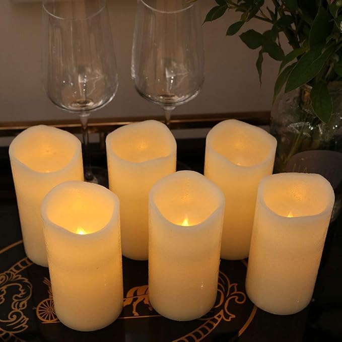 H-BLOSSOM Flickering Flameless Candles Battery Operated Real Wax Pillar Candles LED Candles with Cycling 5H Timer Pack of 6 (3" x 6")