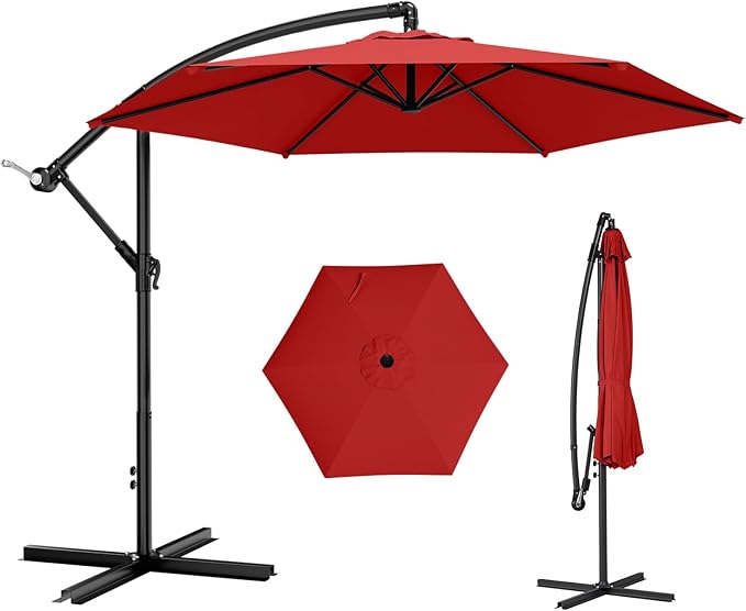 AreShark 10FT Patio Outdoor Umbrella, Offset Patio Umbrella Cantilever Umbrella, 6 Sturdy Ribs, Easy Adjustment for Garden Market Pool with Cross Base (Red)