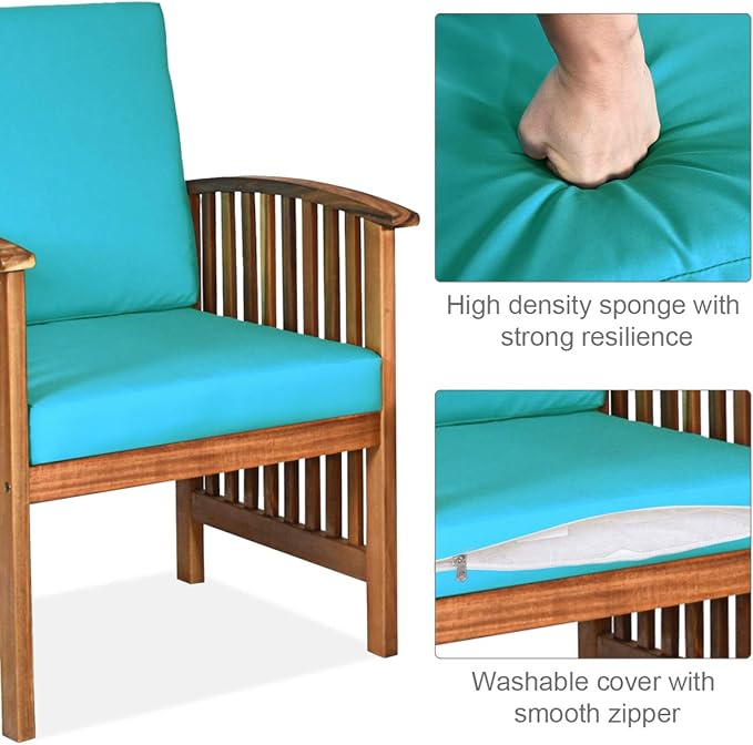 Tangkula 8 PCS Outdoor Acacia Wood Sofa Set w/Water Resistant Cushions, Padded Patio Seating Chat Set w/Coffee Table for Garden, Backyard, Poolside (2, Turquoise)