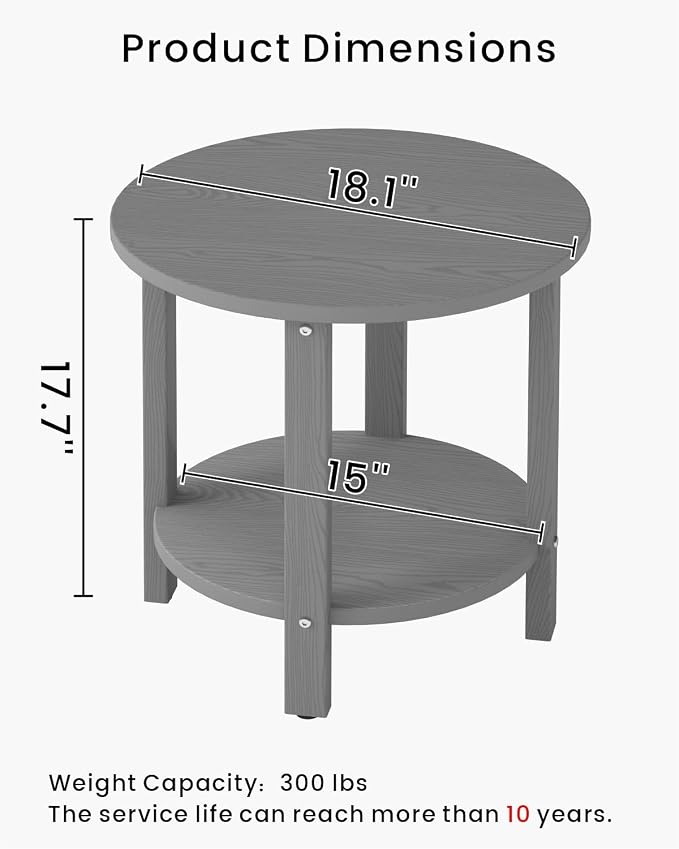 HDPE Round Outdoor Side Table, 18.1-Inch Weatherproof Small Outdoor Table for Adirondack, 2-Tier Patio End Table for Garden Backyard Porch Deck Balcony Poolside (Grey)