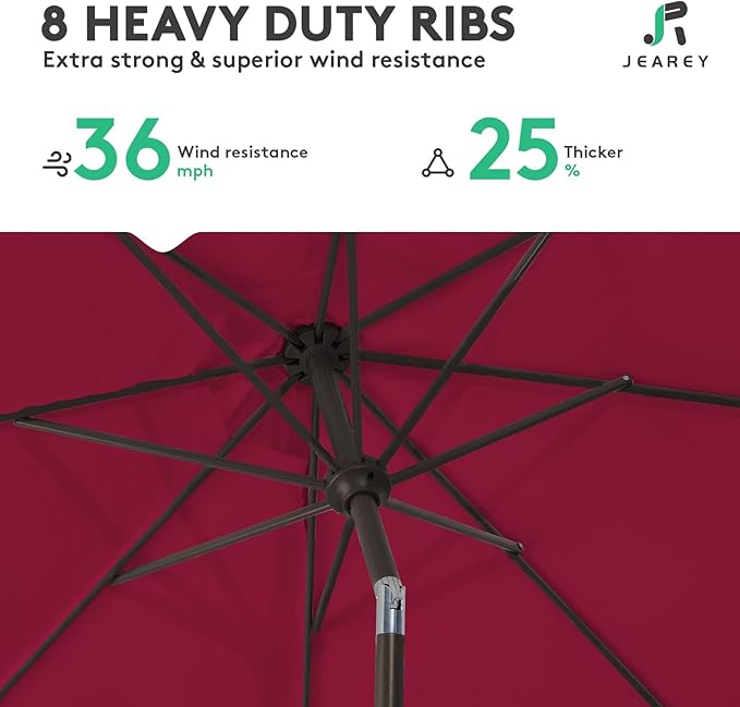 JEAREY 10FT Outdoor Patio Umbrella Outdoor Table Umbrella with Push Button Tilt and Crank, Market Umbrella 8 Sturdy Ribs UV Protection Waterproof for Pool, Garden (Dark Red)