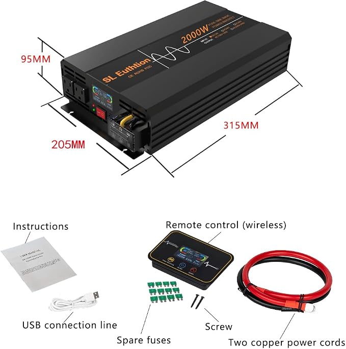 2000W Pure Sine Wave Power Inverter 12V DC to 120V AC 60HZ with LCD Display, USB Port, Wireless Remote Control（10M）, Solar, Outdoor