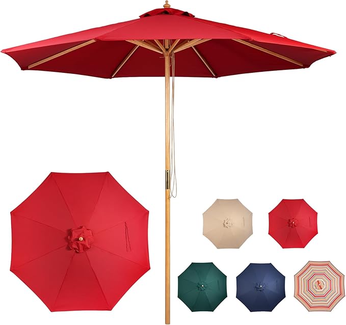 9ft Bamboo Umbrella, Outdoor Patio Umbrella, Waterproof Market Umbrella, 8 Ribs Table Umbrella with Pulley Lift for Garden, Deck, Pool, lawn, Backyard