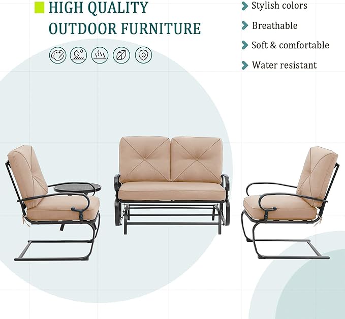 4 Pcs Outdoor Wrought Iron Furniture Patio Conversation Set with Glider Loveseat, 2 Spring Chairs, and Coffee Table (Brown)