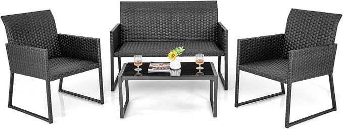 Tangkula 4 Pieces Wicker Patio Furniture Set with Quick Dry Foam, Patiojoy All Weather Resistant Outdoor Conversation Set, for Backyard, Poolside, Deck, Balcony, Garden (1, Mix Brown)