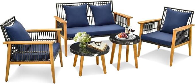 Tangkula 5 Piece Outdoor Conversation Set, Patiojoy Rattan Chair Set with 2 Coffee Tables, Stable Acacia Wood Frame, Cozy Seat & Back Cushions, Patio Wicker Furniture Set for Backyard, Poolside (Navy)