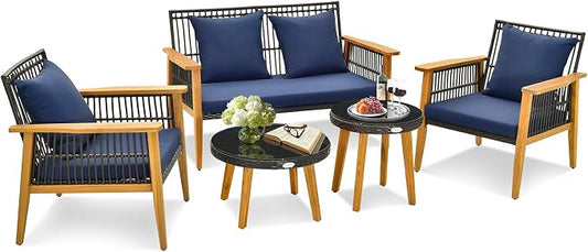Tangkula 5 Piece Outdoor Conversation Set, Patiojoy Rattan Chair Set with 2 Coffee Tables, Stable Acacia Wood Frame, Cozy Seat & Back Cushions, Patio Wicker Furniture Set for Backyard, Poolside (Navy)