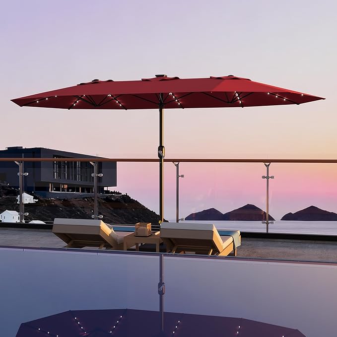 Garvee 15 ft Rectangular Patio Umbrella with Base Included - Large Patio Umbrella with Crank Handle 36 LED Lights, UV Protection for Outdoor Market, Backyard, Deck, Pool, Red
