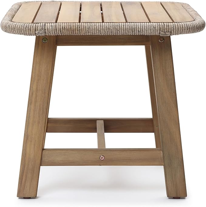 LuxenHome 17.5" Outdoor Side Table, Acacia Wood Patio End Table with Woven Wicker Trim, Small Outdoor Accent Tables for Patio, Balcony, Garden