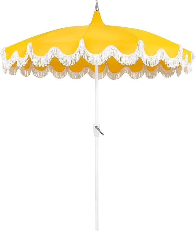 7.5ft Pagoda Patio Umbrella with Fringe, UPF50+ Tassel Umbrella with Crank & Fiberglass Ribs, Holiday Outdoor Umbrella for Garden Pool Lawn Yard Table