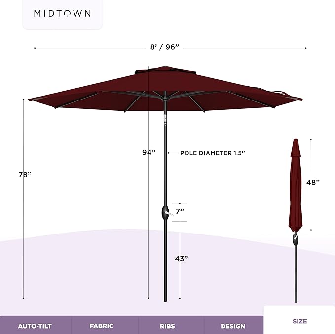 Midtown Umbrellas - The Lean 8 Ft Patio Umbrella with Fade-Resistant Sunbrella Fabric, Auto-Tilt Aluminum Frame and 8 Reinforced Ribs for Deck, Pool & Garden - Burgundy Canopy, Black Pole