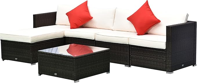 Outsunny 6 Piece Patio Furniture Set Outdoor Wicker Conversation Set All Weather PE Rattan Sectional Sofa Set with Ottoman, Cushions and Tempered Glass Table, Mixed Brown and Cream White