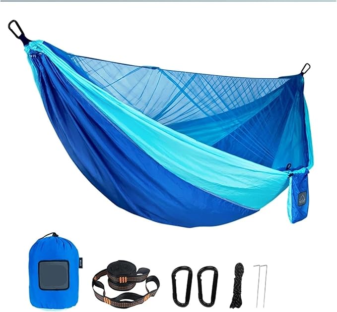 Portable Quick Set Net Camping Hammock Outdoor Hanging Bed Sleeping Swing(Royal and Sky Blue)