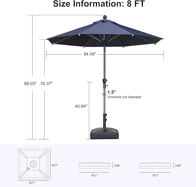 PURPLE LEAF 8' Round Patio Market Umbrella with Base Outdoor Table Umbrellas Aluminum Frame Sun Shade with 8 Sturdy Ribs Tilt for Garden Deck Lawn Pool Navy Blue