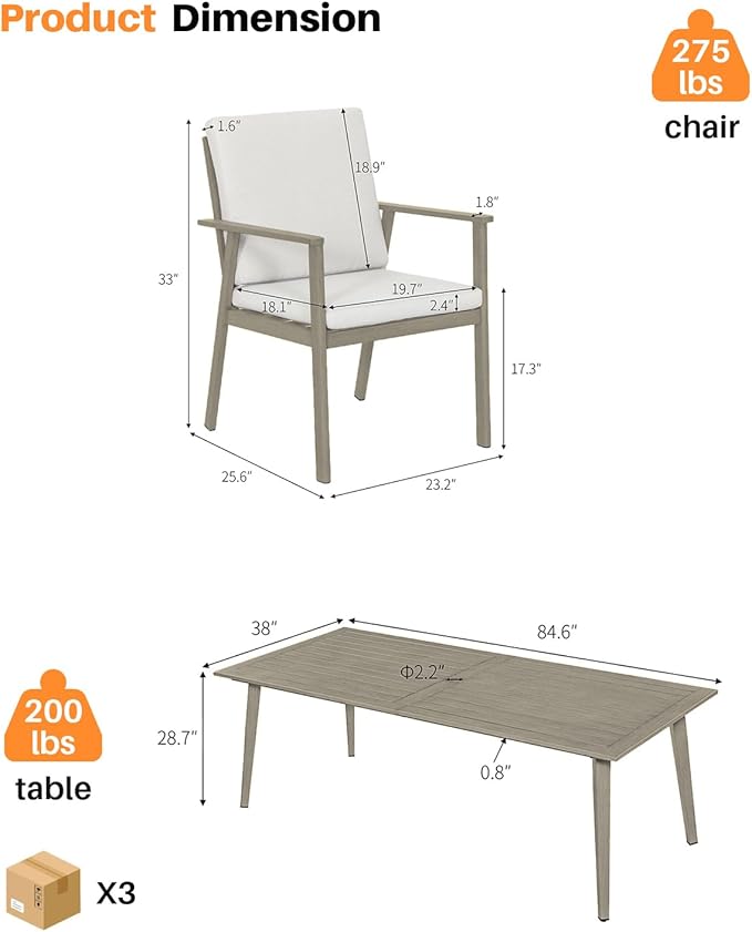 9 Pieces Outdoor Dining Set, Never-Rust Aluminum Patio Furniture Set with Umbrella Hole, All-Weather Outdoor Patio Dining Set for 8, Patio Table and Chair Set for Decks, Pool, Lawn, Limed Oak