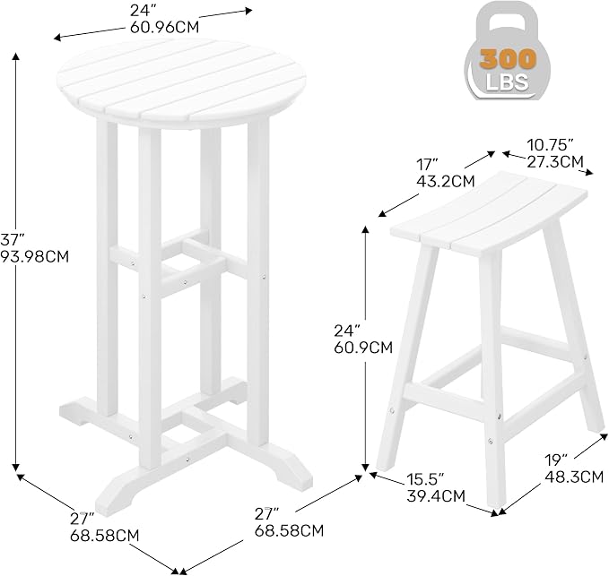Costaelm Outdoor Bar Table, 37" Counter Height Round Patio Cocktail Bar Table, Patio Bar Table 3-Pieces Set Bistro Dining Table Pub Table for Front Porch Deck, Backyard, Garden, White
