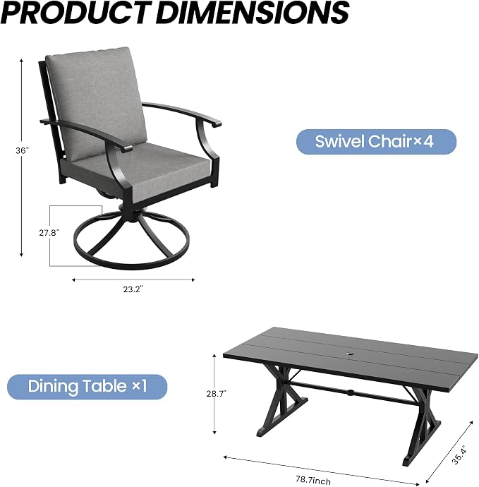 5 Pieces Patio Dining Set Outdoor Conversation Set,Metal Outdoor Furniture Set with Umbrella Hole Cut-Out 78.7" x 35.4" Table and 4 Metal Backrest Swivel Chairs for Backyard,Garden,Grey