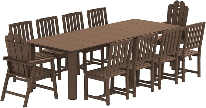 11-Piece Patio Dining Set, Outdoor Dining Set for 10, HDPE All-Weather Outdoor Furniture with 89.57” Umbrella Hole Table, 2 Armchairs & 8 Armless Chairs, Brown