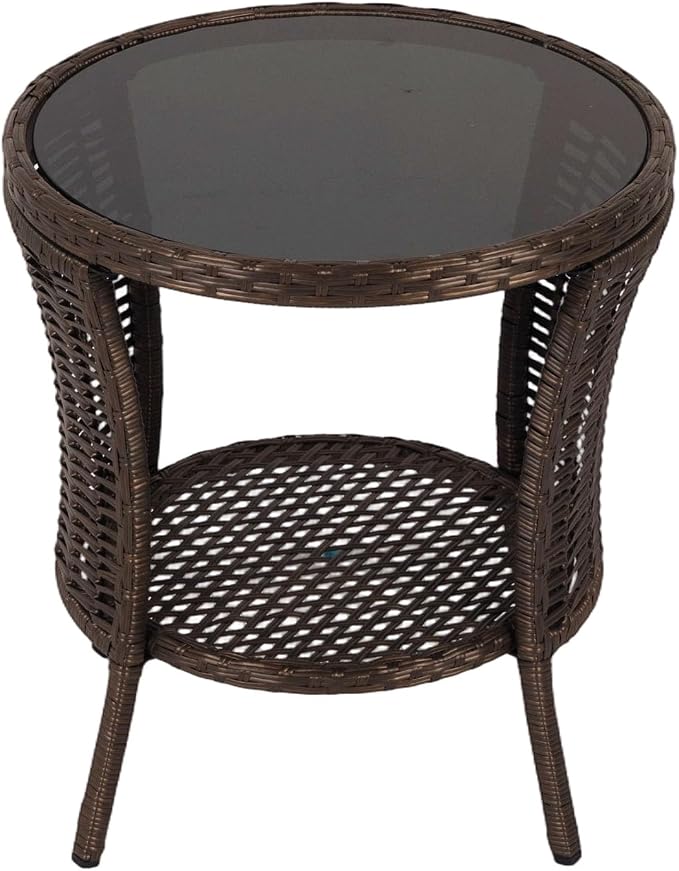 Outdoor Side Table - Patio Wicker End Table with Extra Storage Shelf, Rattan Outdoor Side Table with Round Glass Tabletop for Garden, Backyard, Porch, Black Gold