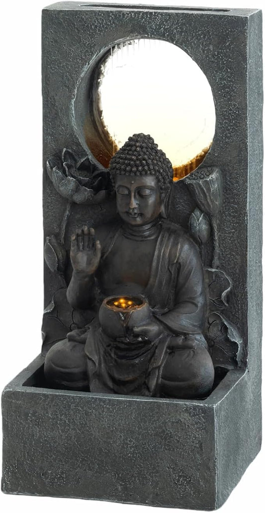 Zen Fengshui 28" Outdoor Buddha Water Fountain with LED Lights – Freestanding Resin Waterfall Statue, Asian Fengshui Decor for Garden, Patio, Backyard & Home, Relaxing Gift