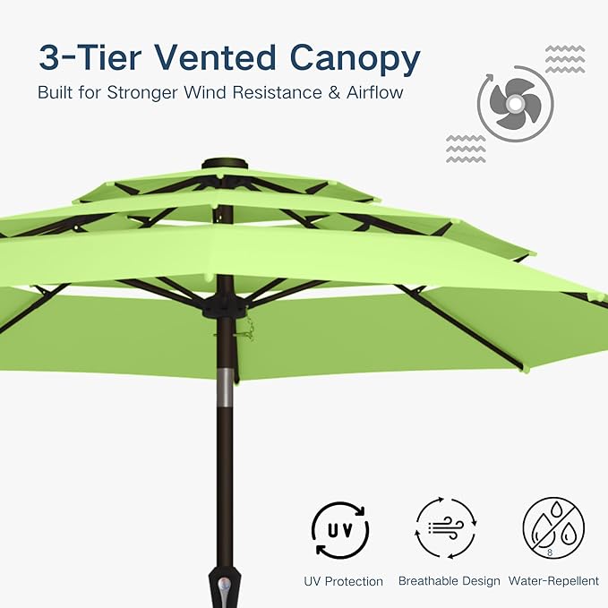 10FT Patio Umbrella 3 Tiers Outdoor Market Umbrella w/Push Button Tilt, Crank, UV and Waterproof Table Umbrella for Garden, Pool, Backyard, Deck, Lawn, Apple Green