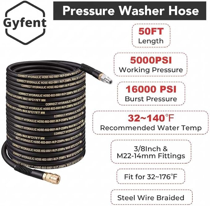 Pressure Washer Gun and Hose Kit, 3/8" 50Ft Pressure Washer Hose with Pressure Washer Gun & M22 14mm Adapters & 5Pcs Nozzle Tips & 2Pcs Extension Wand for House Car Driveway(5000PSI)